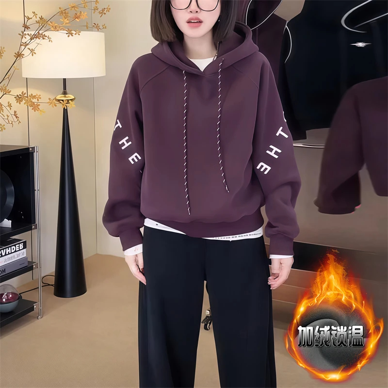 紫色字母假两件加绒连帽卫衣女秋冬2025新款加绒加厚宽松显瘦上衣