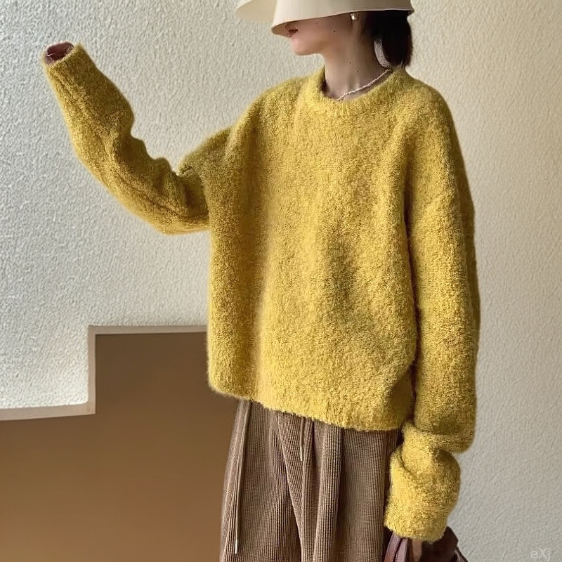 温柔系黄色套头毛衣女宽松韩版春秋新款慵懒风百搭圆领针织衫上衣