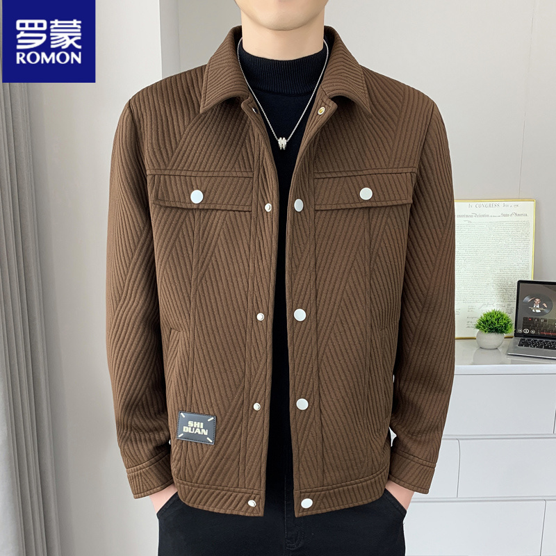 罗蒙纹理感翻领夹克男春秋季高端商务休闲外套潮流百搭男装上衣