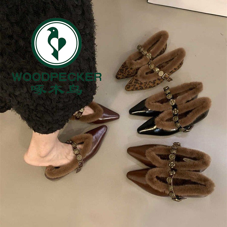 啄木鸟尖头水貂毛女鞋2025秋冬新款气质一字扣带内增高浅口毛毛鞋