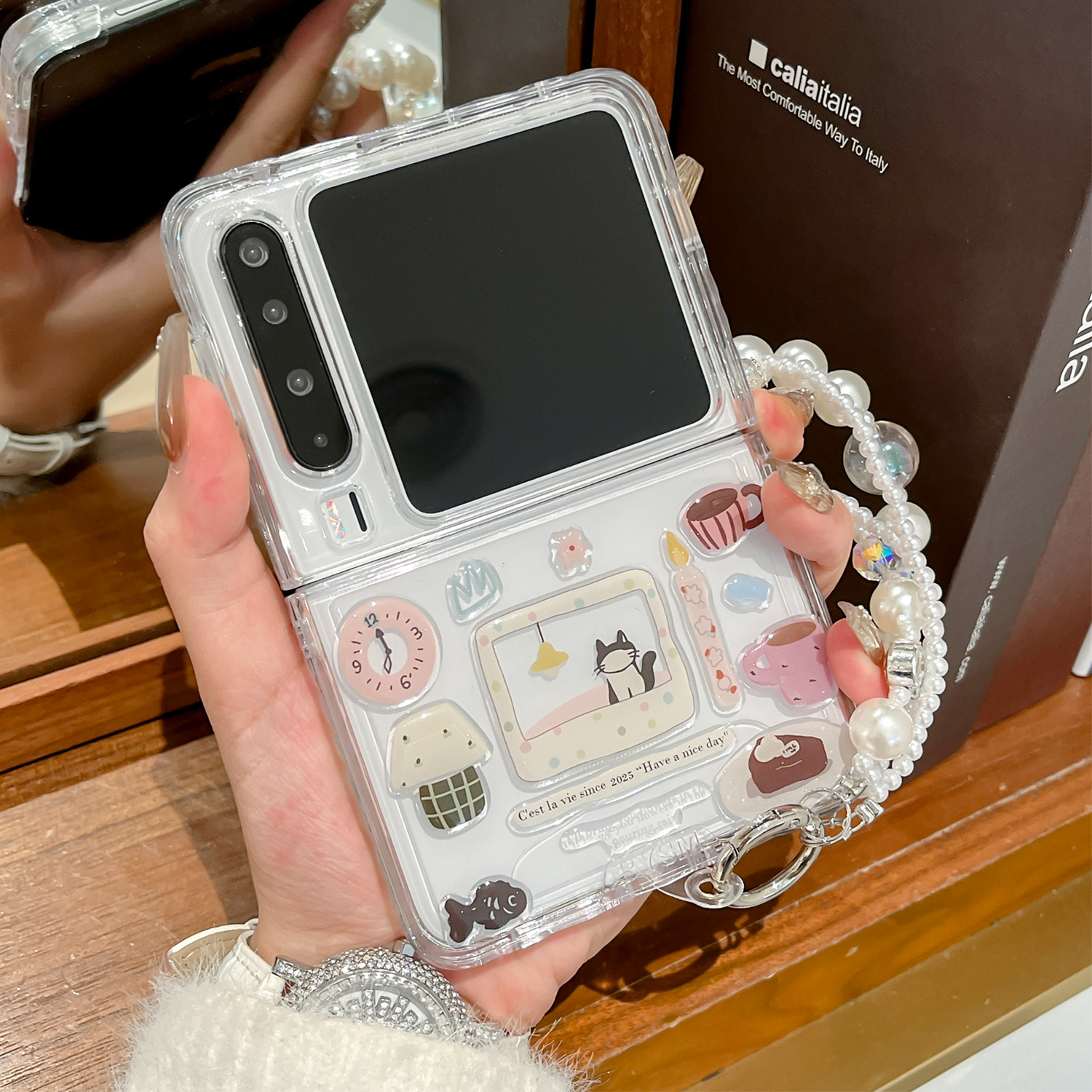 适用华为purax手机壳DIY滴胶可爱小猫pocket2折叠钻纹透明保护套