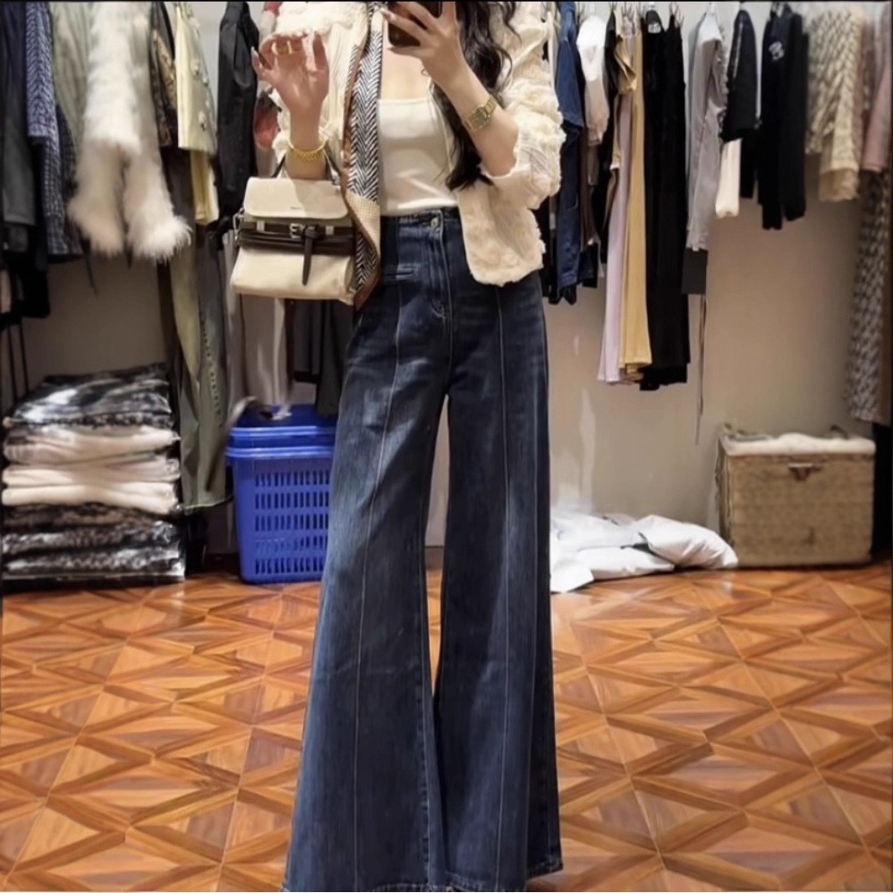 2573#蓝色弹力高腰秋冬季阔腿高腰显瘦百搭宽松时尚牛仔裤女