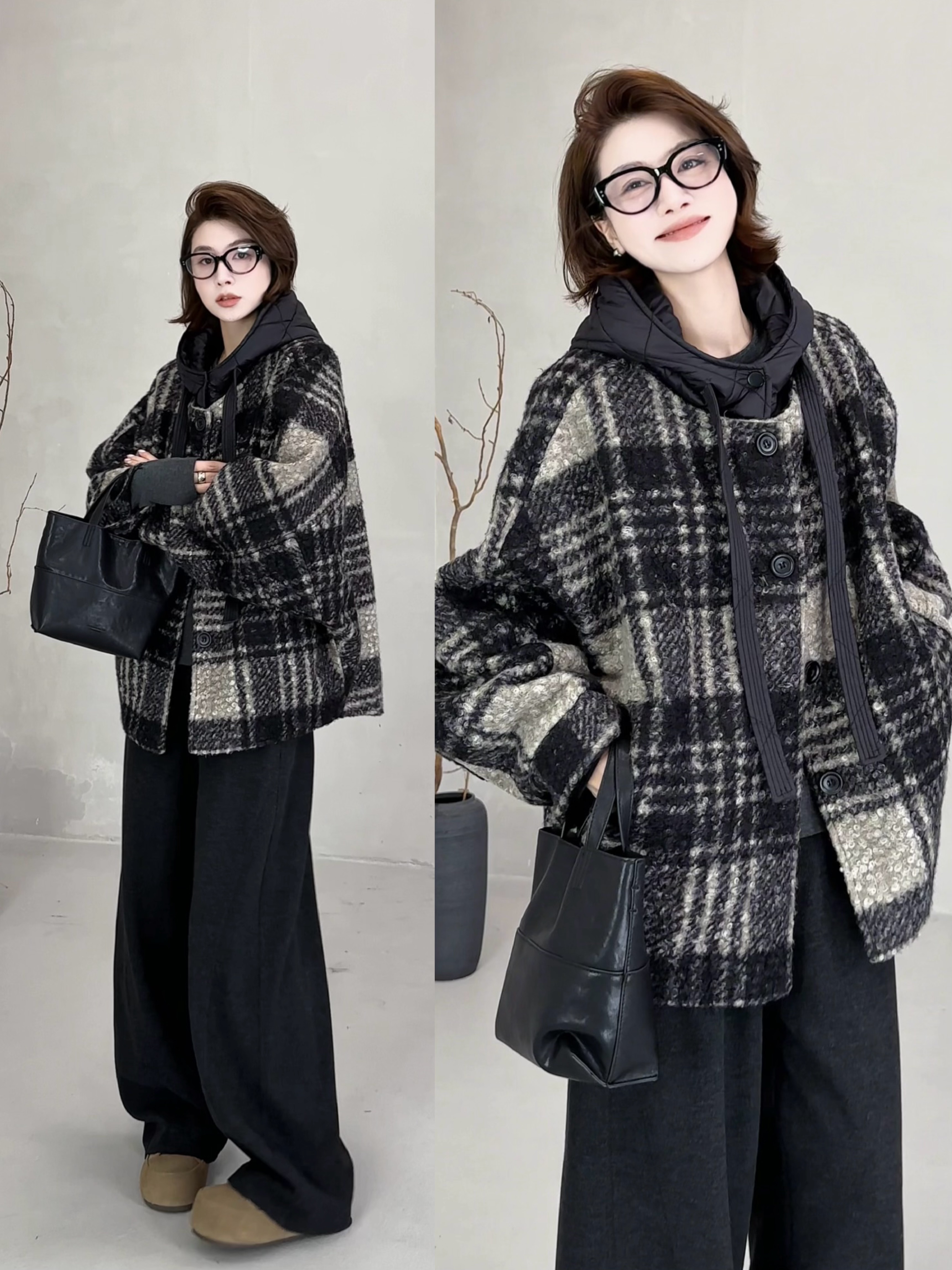 月月 2025秋冬【黑白游戈】显瘦百搭格纹连帽棉衣外套 2510C6516