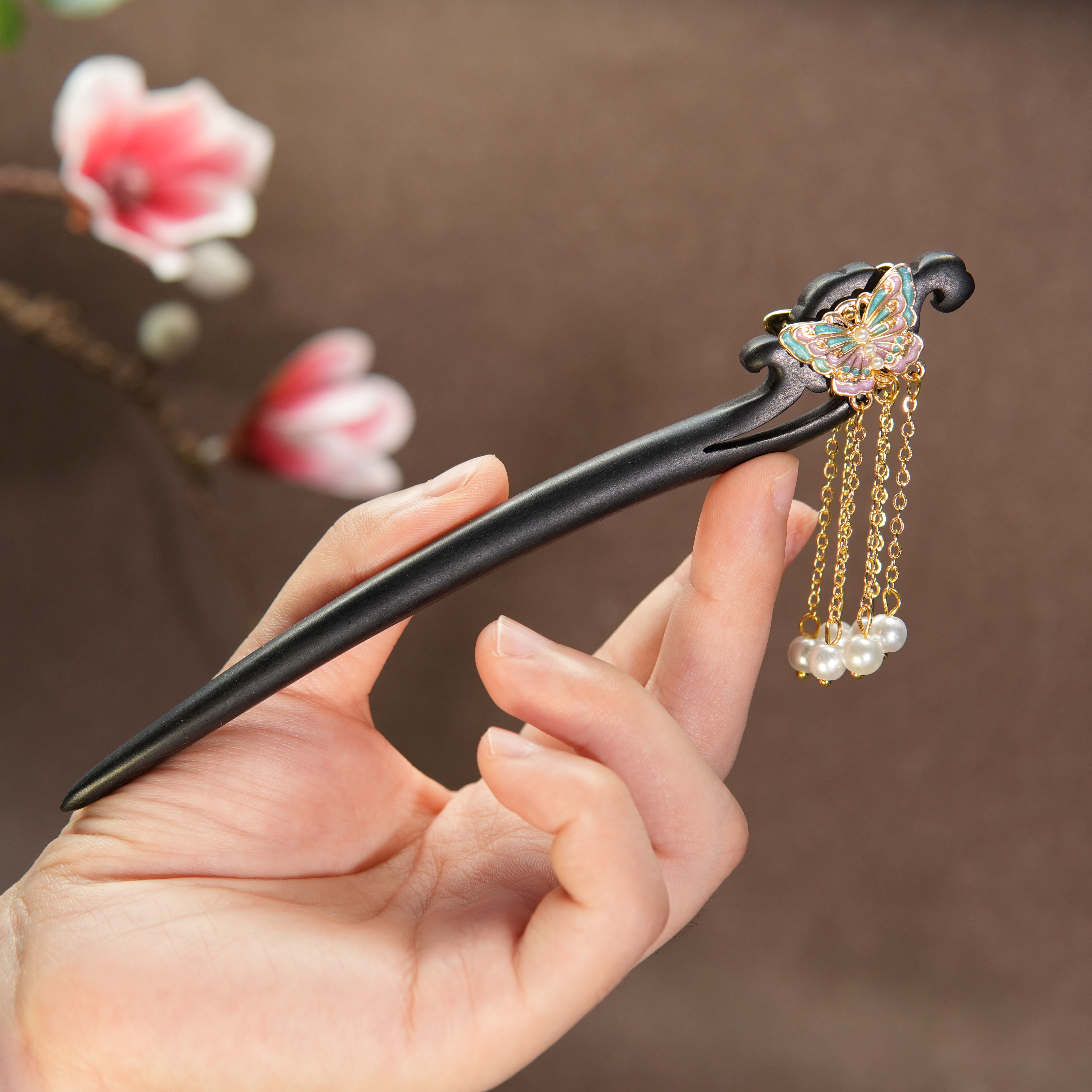 15厘米黑檀木盘发簪子双面蝴蝶流苏步摇千金国风复古发簪新中式