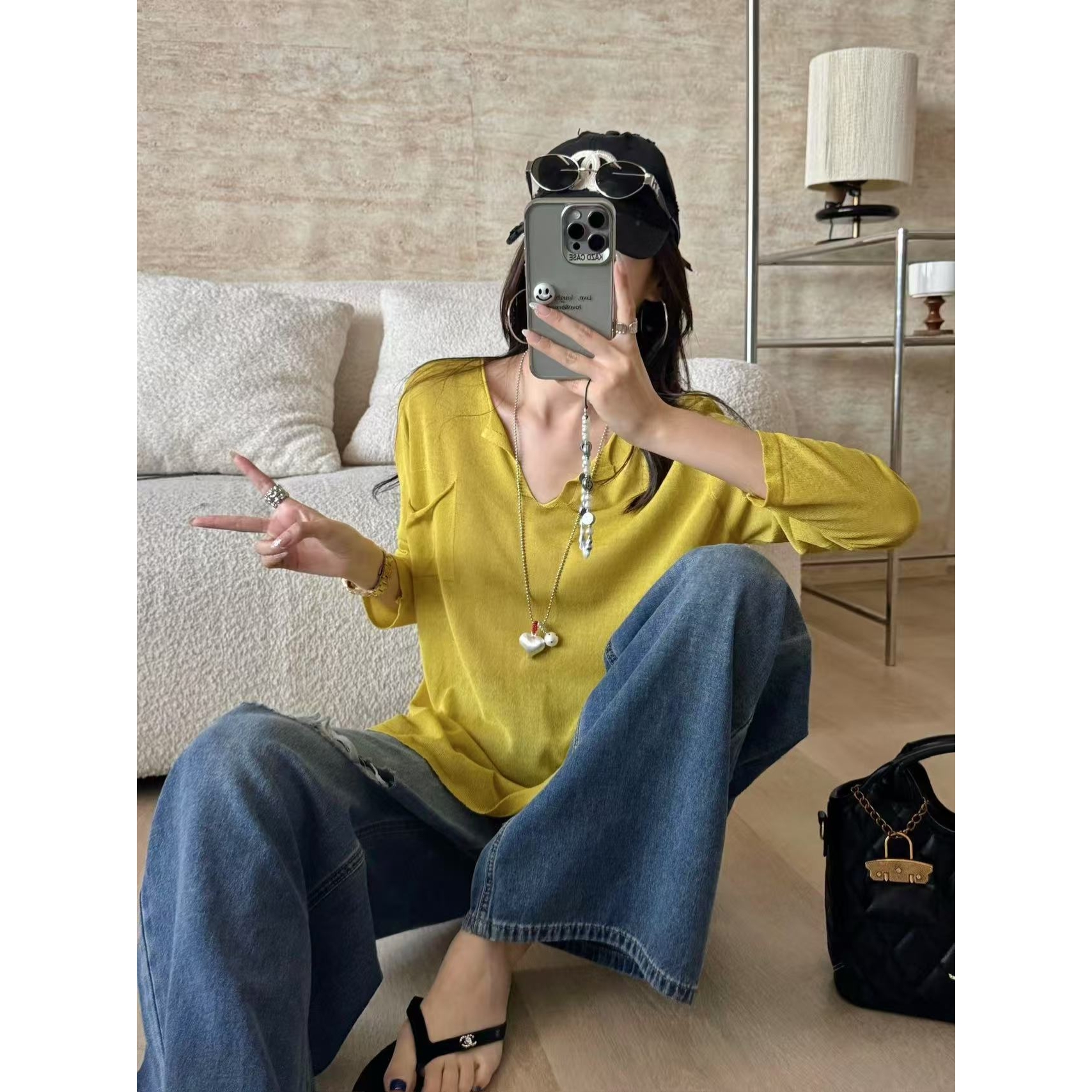 SP 夏到秋黄色宽松T恤防晒罩衫上衣t  休闲日常t