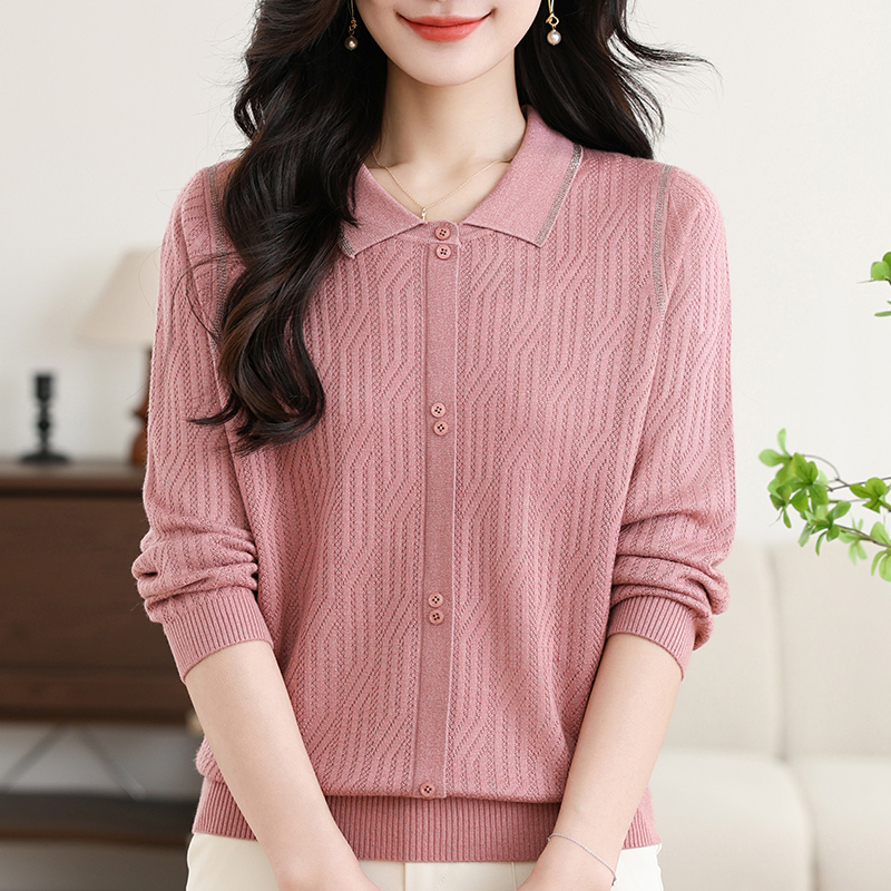 妈妈春装洋气翻领T恤中老年女春秋加肥加大打底小衫长袖薄款上衣