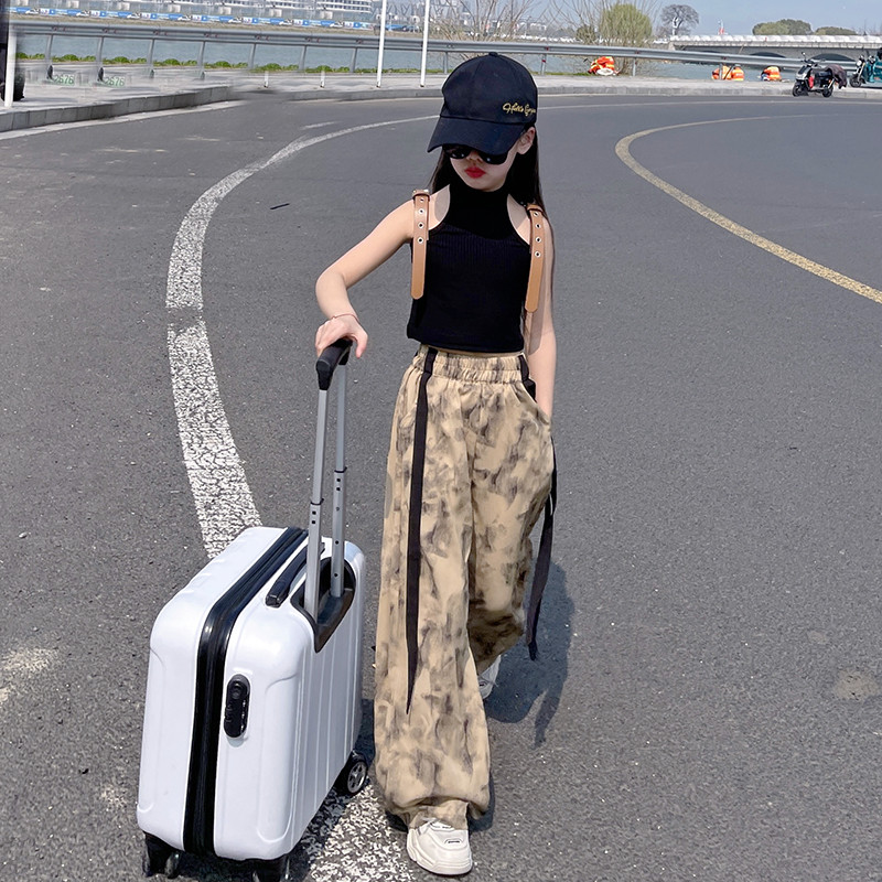 女童防蚊裤套装2025夏季新款中大童韩版时髦黑色背心冰丝裤两件套