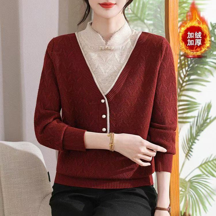 中老年女装2025秋冬宽松针织衫毛衣加绒加厚妈妈装半高领上衣9195