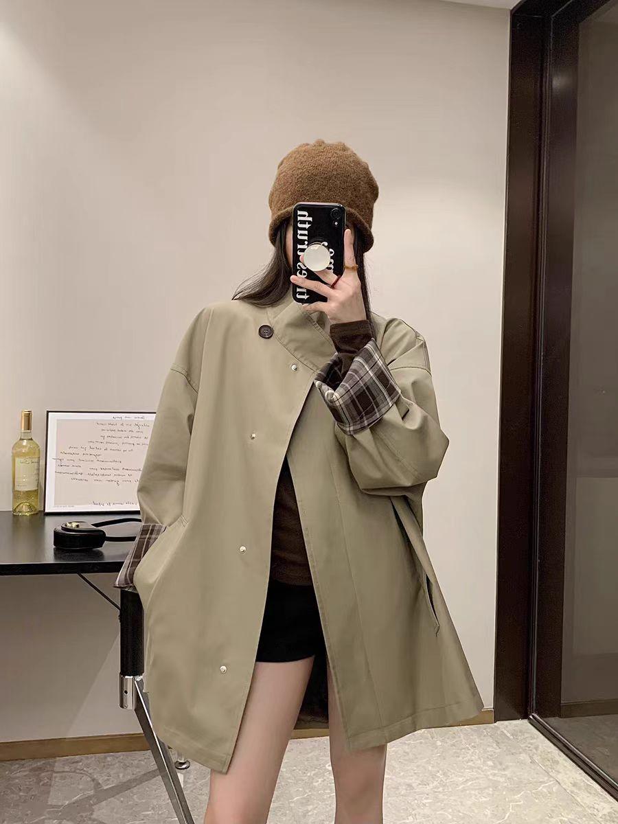【小美专属】高级感经典风衣外套撞色格子英伦风短款风衣8128