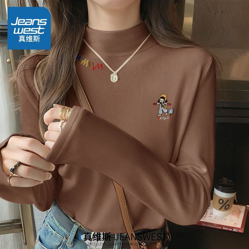 真维斯半高领内搭打底衫女2025新款保暖上衣秋冬双面绒德咖色长袖