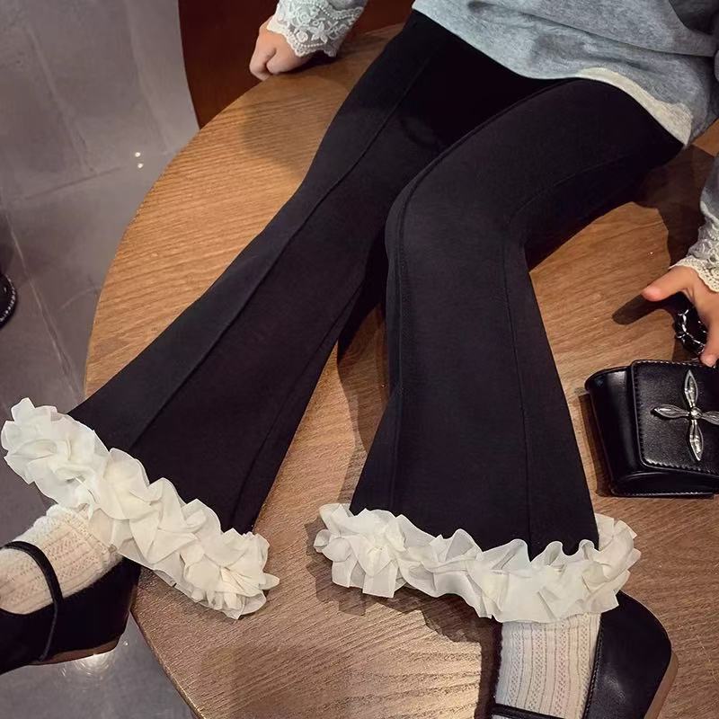 女小童2025新款花边喇叭裤春秋装小女孩时髦蕾丝百搭休闲长裤