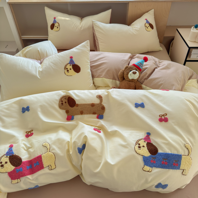 A类狗狗家族毛巾绣家用床上四件套纯棉100%全棉被套床单四季通用
