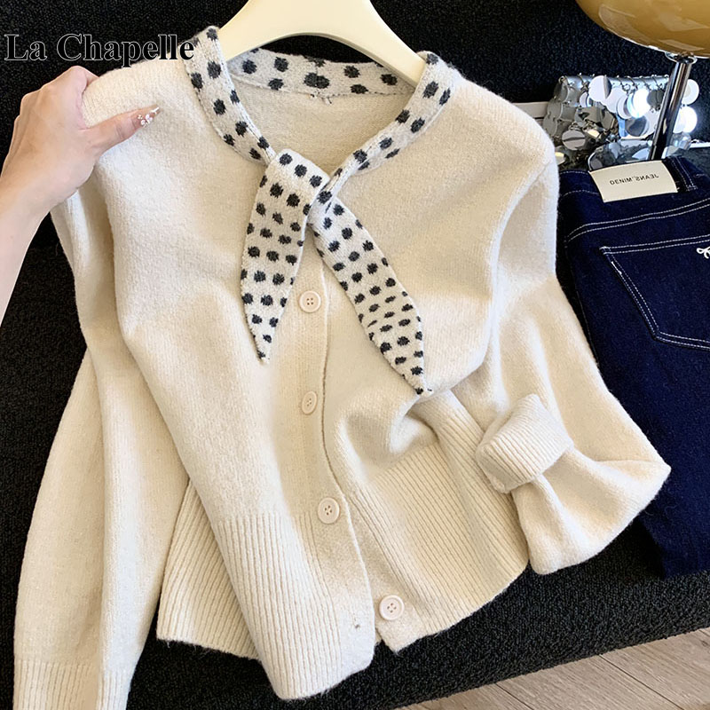拉夏贝尔美德拉波点配丝巾长袖甜美风配领巾针织开衫毛衣外套秋冬
