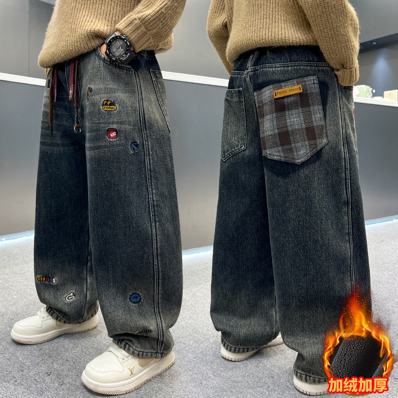 儿童冬加绒牛仔裤男孩时尚简约洋气2025新款直筒休闲长裤韩版宽松