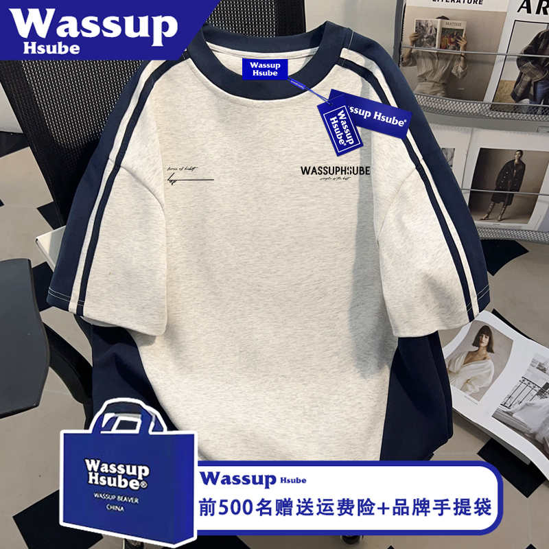 WASSUP HSUBE夏季个性上衣ins男女款T恤国潮艺术英文印花纯棉短袖