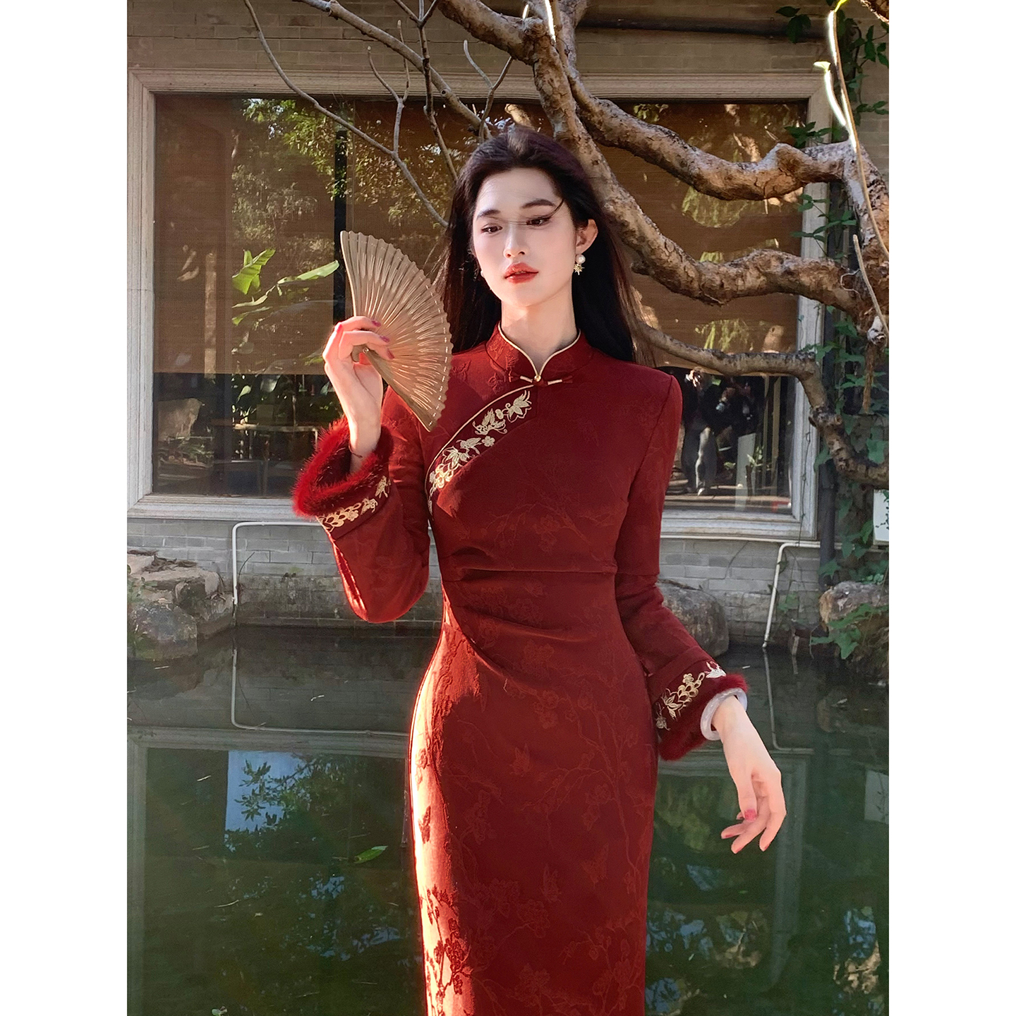 凌茜恣禾【丹喜】国风新中式刺绣提花连衣裙冬季气质复古改良旗袍裙