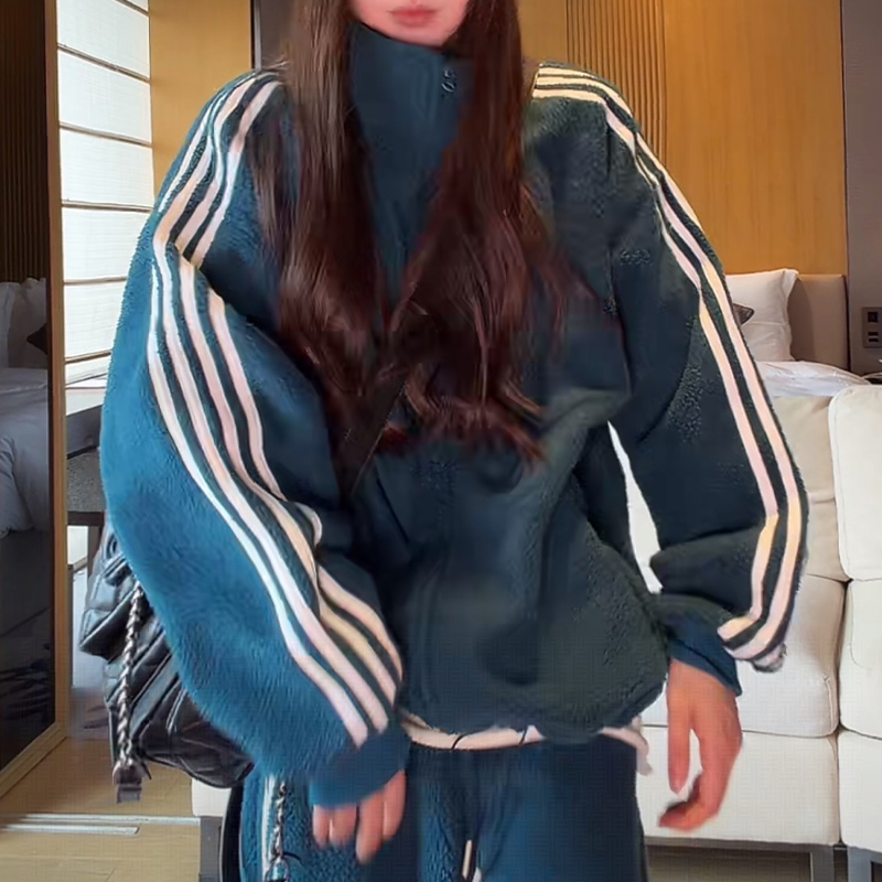 四条杠摇粒绒休闲百搭外套女2025秋冬新款美式时尚宽松保暖上衣潮