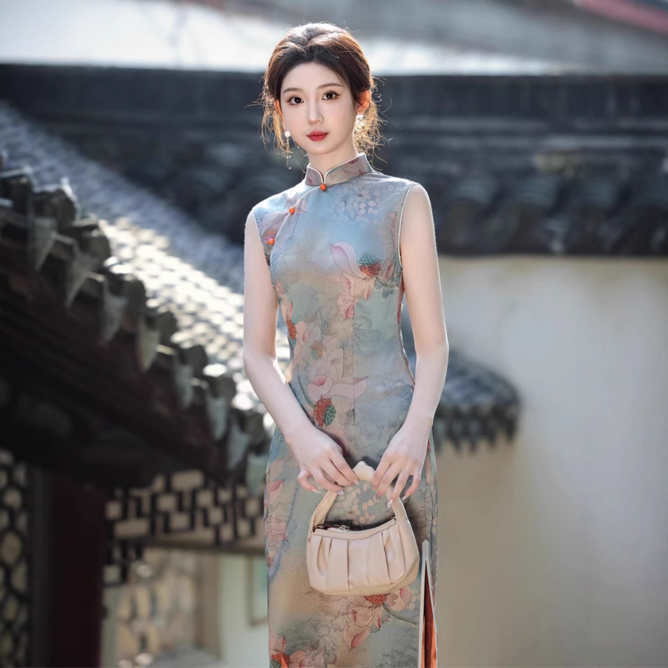 2025夏新款旗袍仿醋酸提花中长款双层旗袍步步生莲江南韵国风旗袍