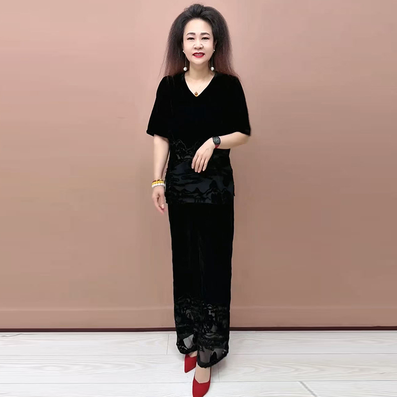 V领短袖丝绒上衣高档镂空洋气T恤衫休闲百搭九分阔腿裤时髦套装女