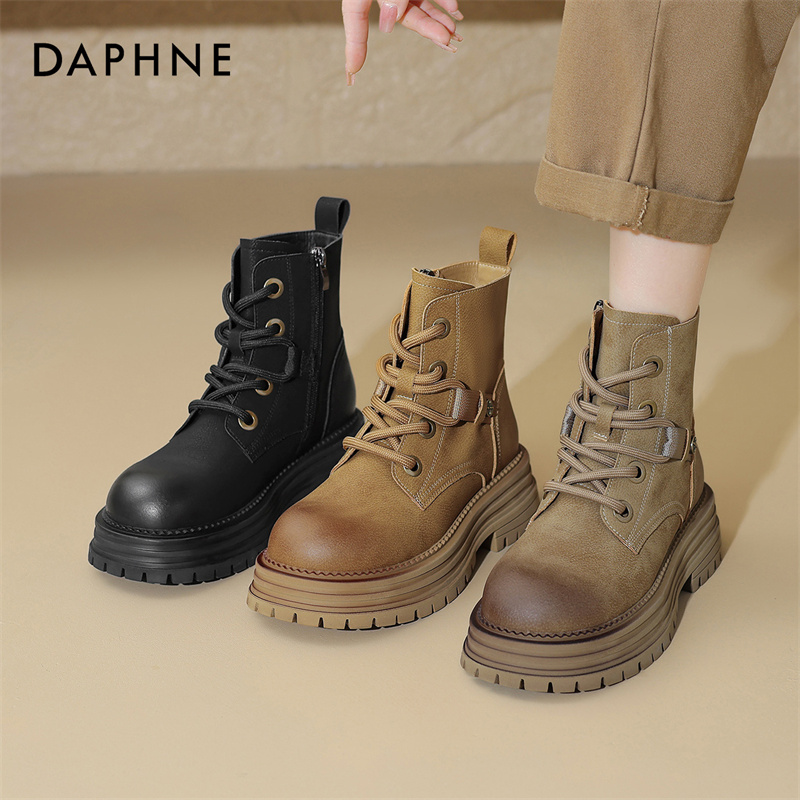 达芙妮厚底大黄靴女2025新款冬季百搭加绒短靴女马丁靴复古登山靴
