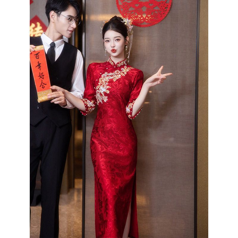 秋冬红色改良新中式重工钉珠旗袍新娘少女订婚结婚敬酒回门礼服