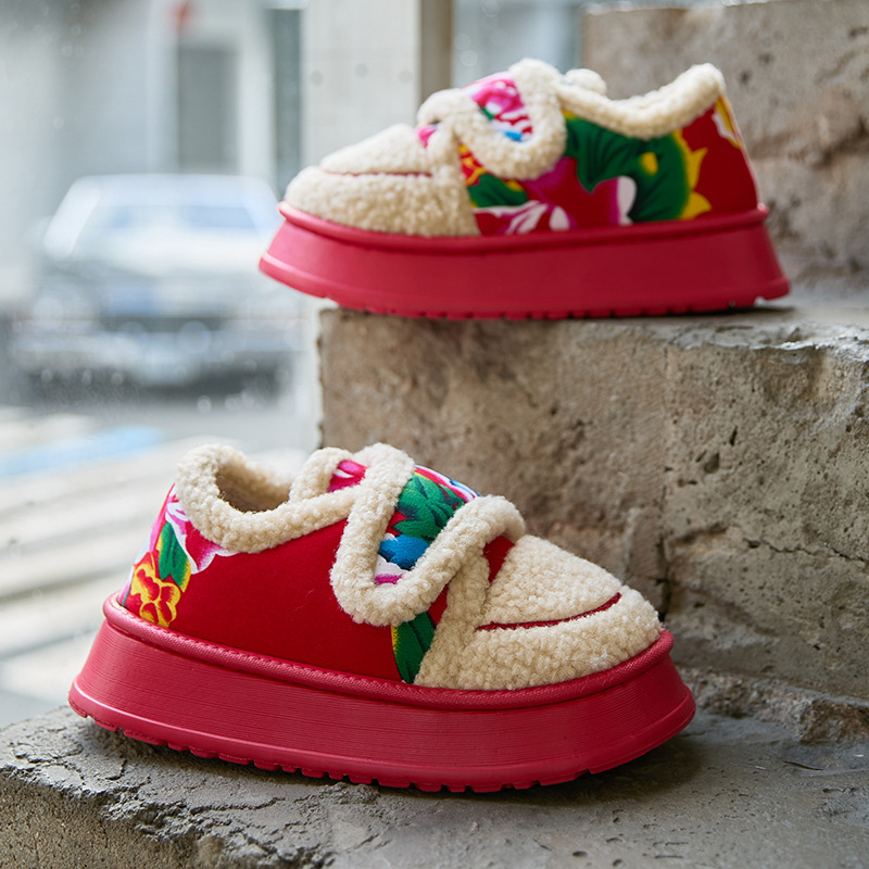 女士冬季棉拖鞋魔术贴东北大花民族风防滑加绒保暖外穿