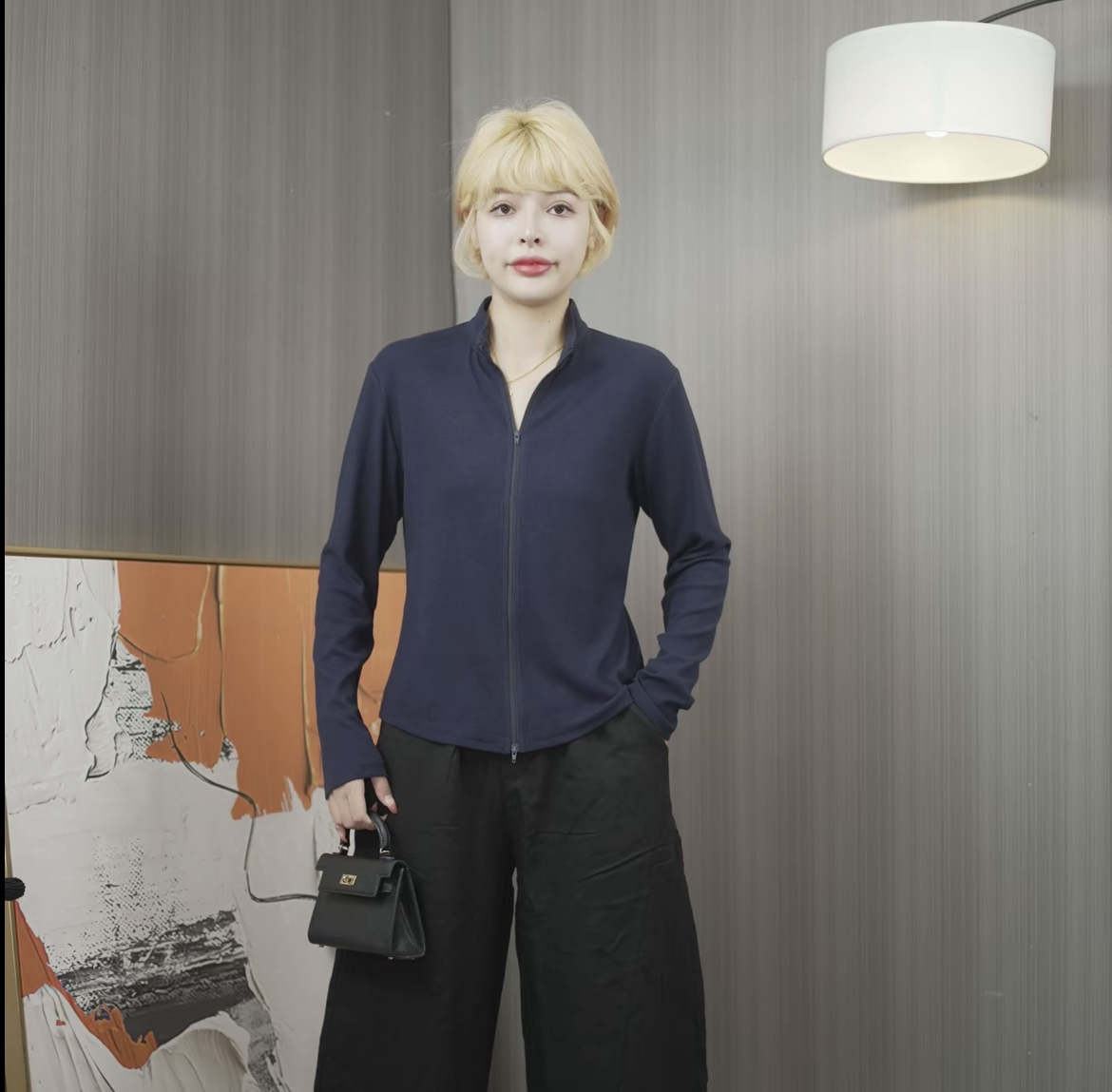 上衣百搭女369简约显瘦立领拉链针织长袖T恤女款气质云顶时尚休闲