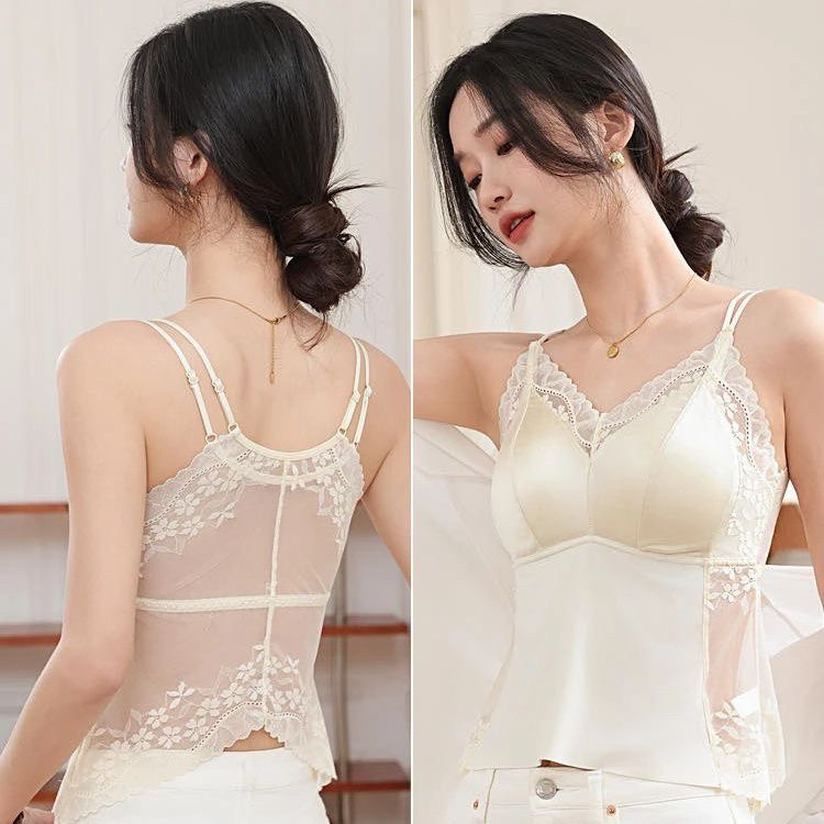夏季新款缎面蕾丝双肩带美背背心小蛮腰显瘦设计带胸垫吊带内衣女