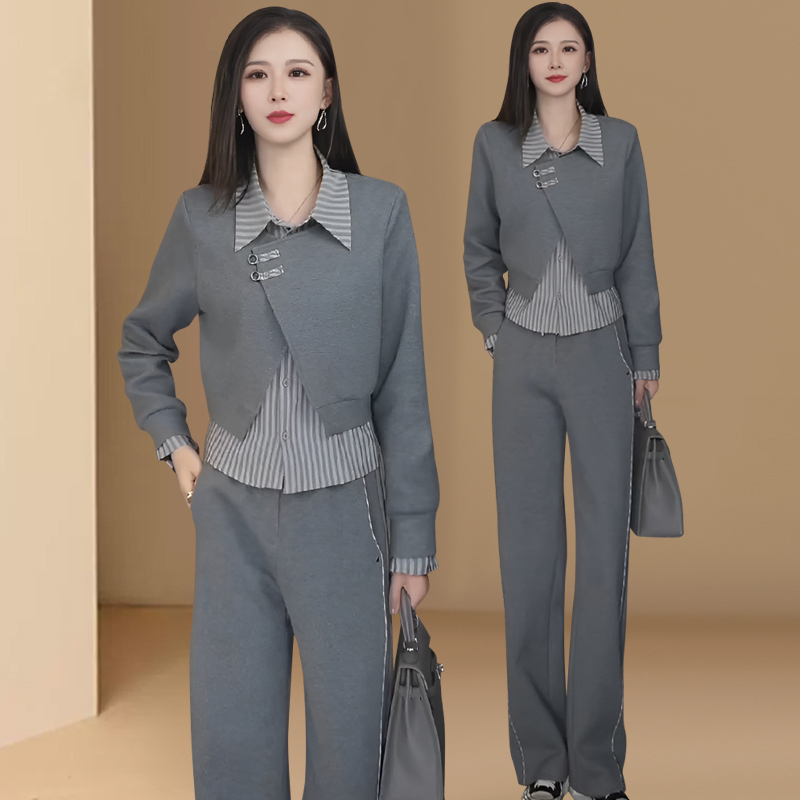 时尚休闲套装女新款洋气穿搭减龄显瘦假两件盘扣卫衣阔腿裤两件套