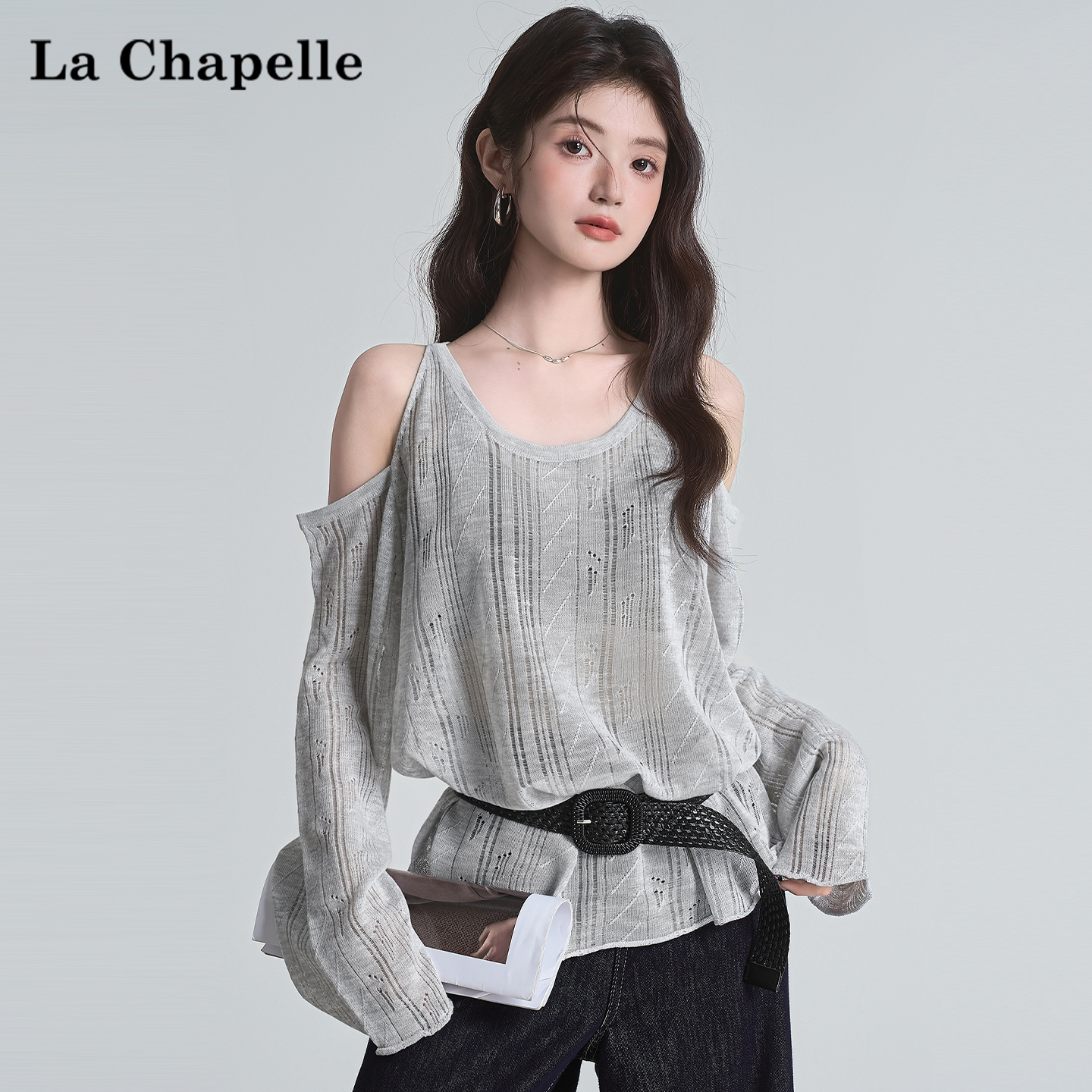 拉夏贝尔2025夏季新款百搭露肩长袖圆领外搭防晒显瘦宽松长袖T恤