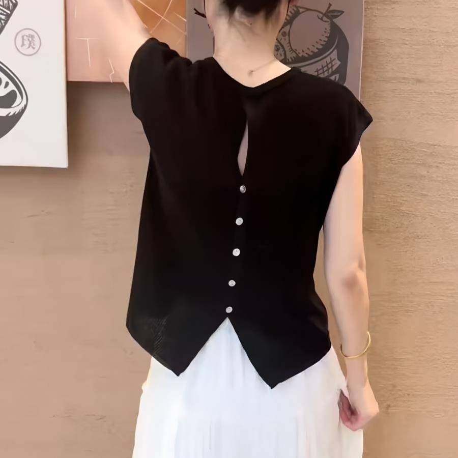 2025夏季新款女士后背镂空短袖针织t恤时尚气质飞飞袖冰丝上衣服