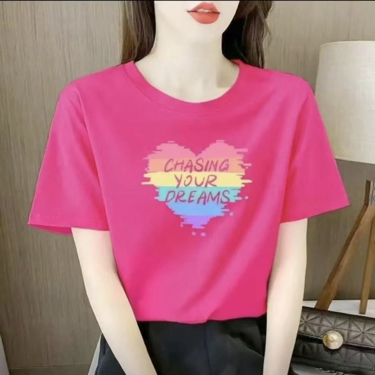 7彩    1-2025新款夏季圆领短袖显瘦宽松白色T恤百搭纯棉时尚休闲