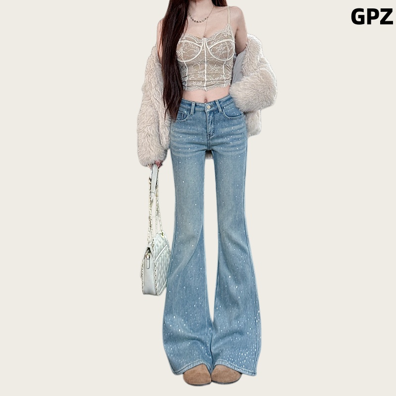 满天星烫钻加绒微喇牛仔裤女高腰显瘦2025秋冬季新款小个子喇叭裤