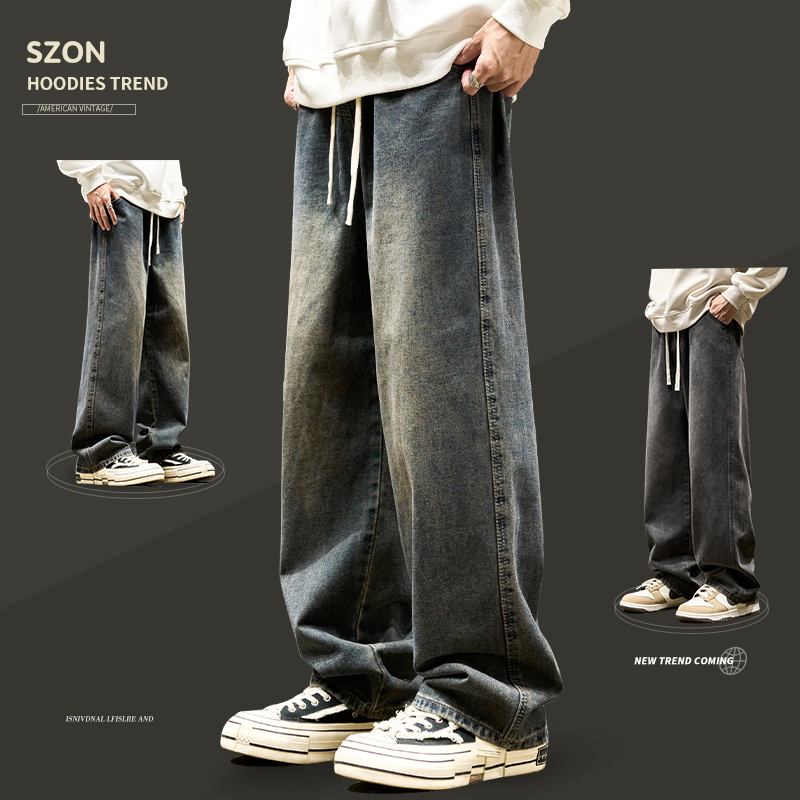 黑色直筒牛仔裤男款春夏季美式高街潮牌男款水洗宽松男生休闲裤