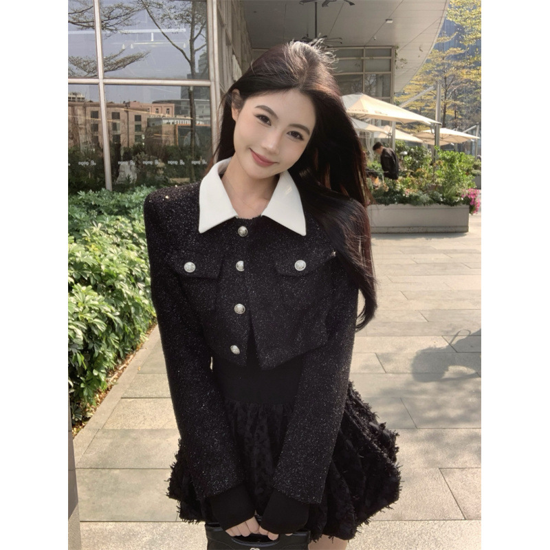 法式千金风小香风细闪短外套长袖上衣显瘦花苞裙两件套女