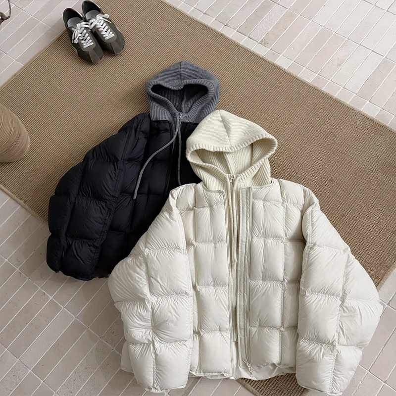 轻奢洋气女外套针织连帽拼接泡芙棉服女冬韩系简约保暖外套