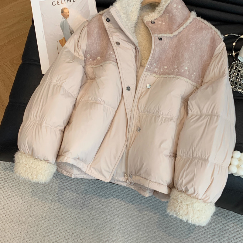 韩版慵懒拼接羽绒服外套女2025冬季宽松小个子设计感皮毛一体上衣