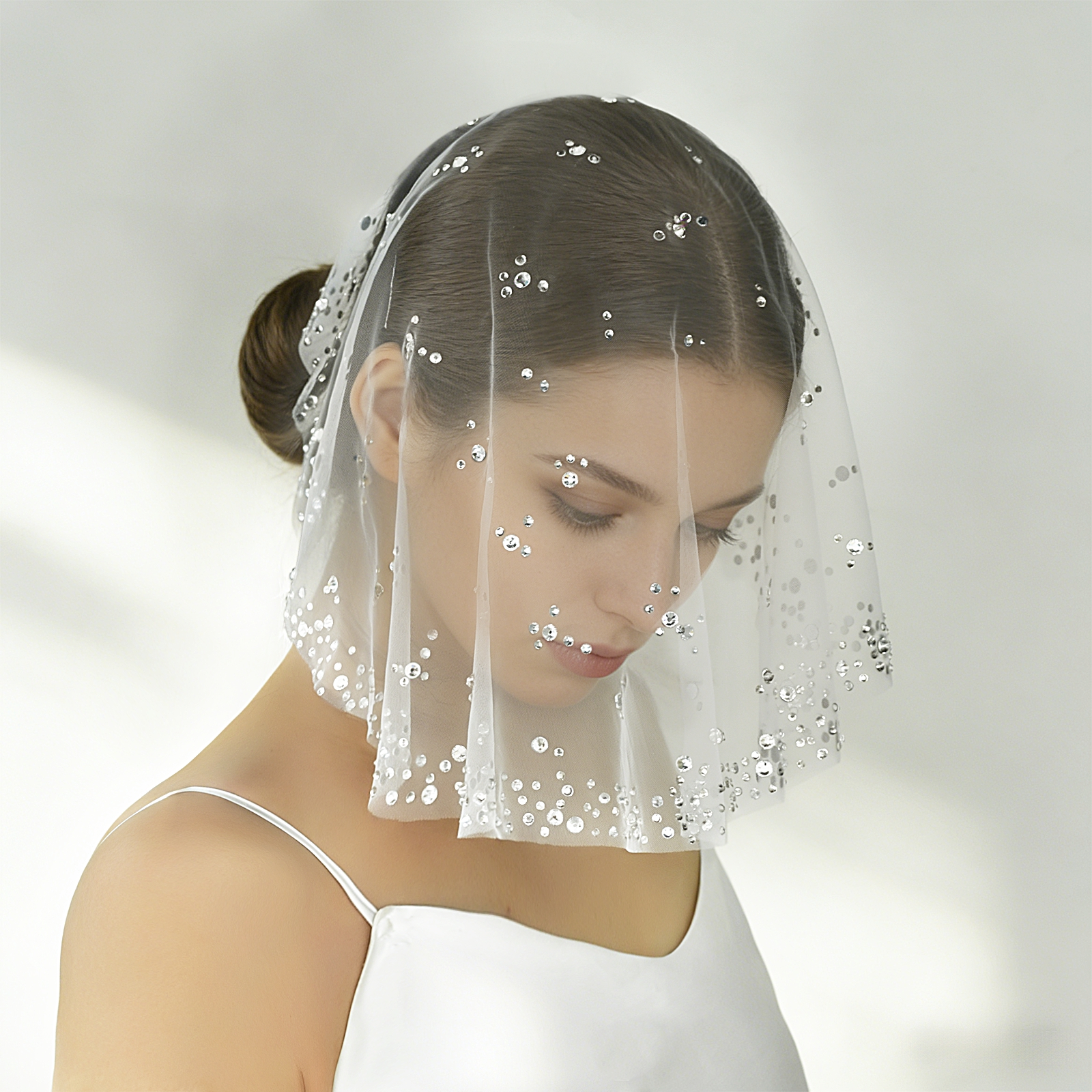 优拉潘 闪亮水钻面纱单层短款遮面纱婚礼舞会优雅复古头饰 MA14A