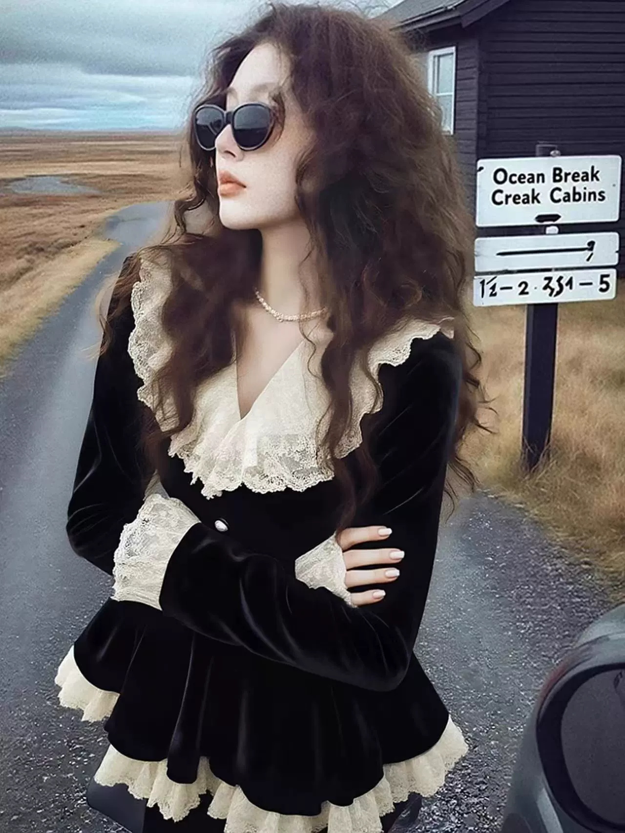 2025冬季新款爆款洋气巨好看法式蕾丝花边拼接黑色荷叶边丝绒上衣