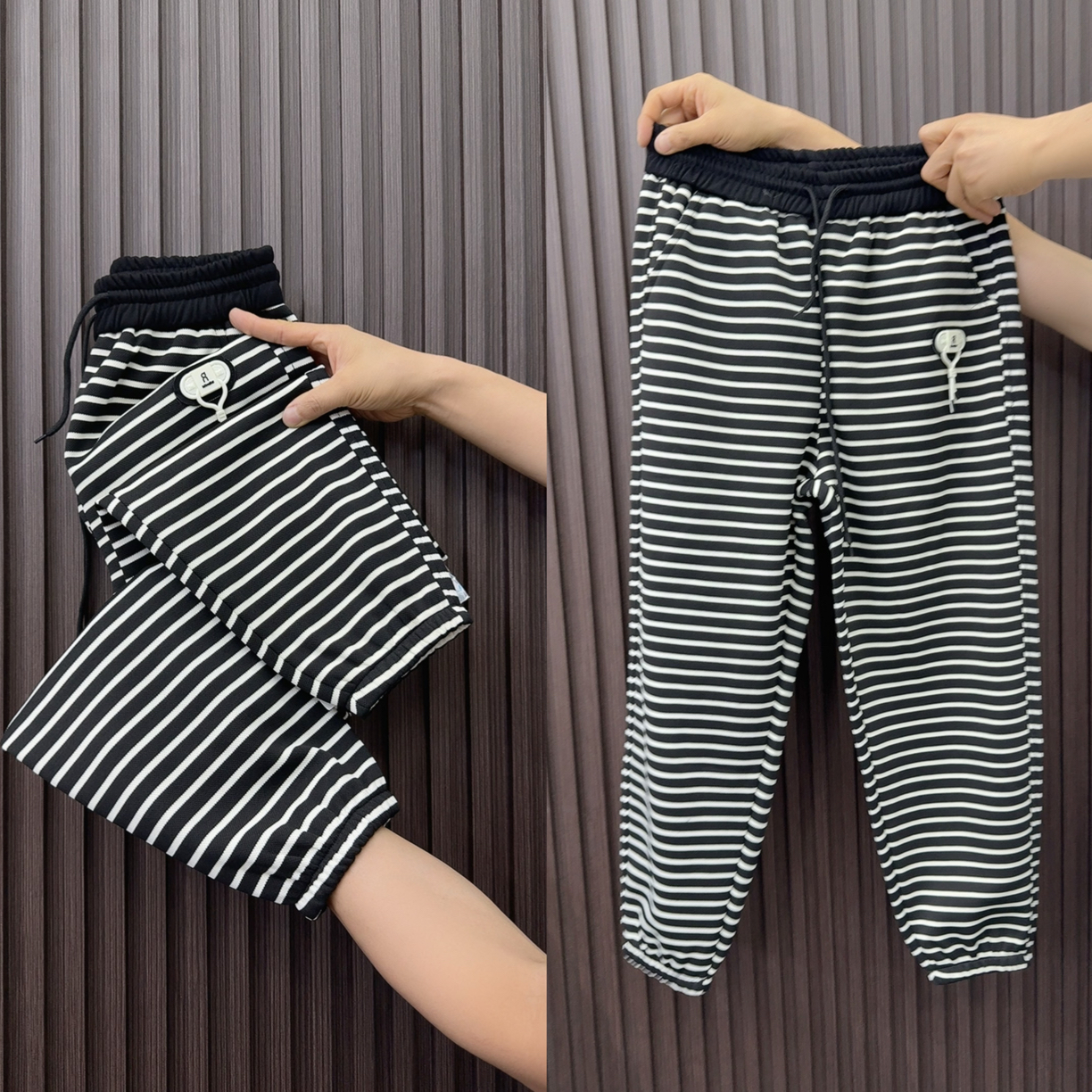 9912春秋新款斑马纹子女高腰显瘦小个子松紧腰条纹卫裤束脚哈伦