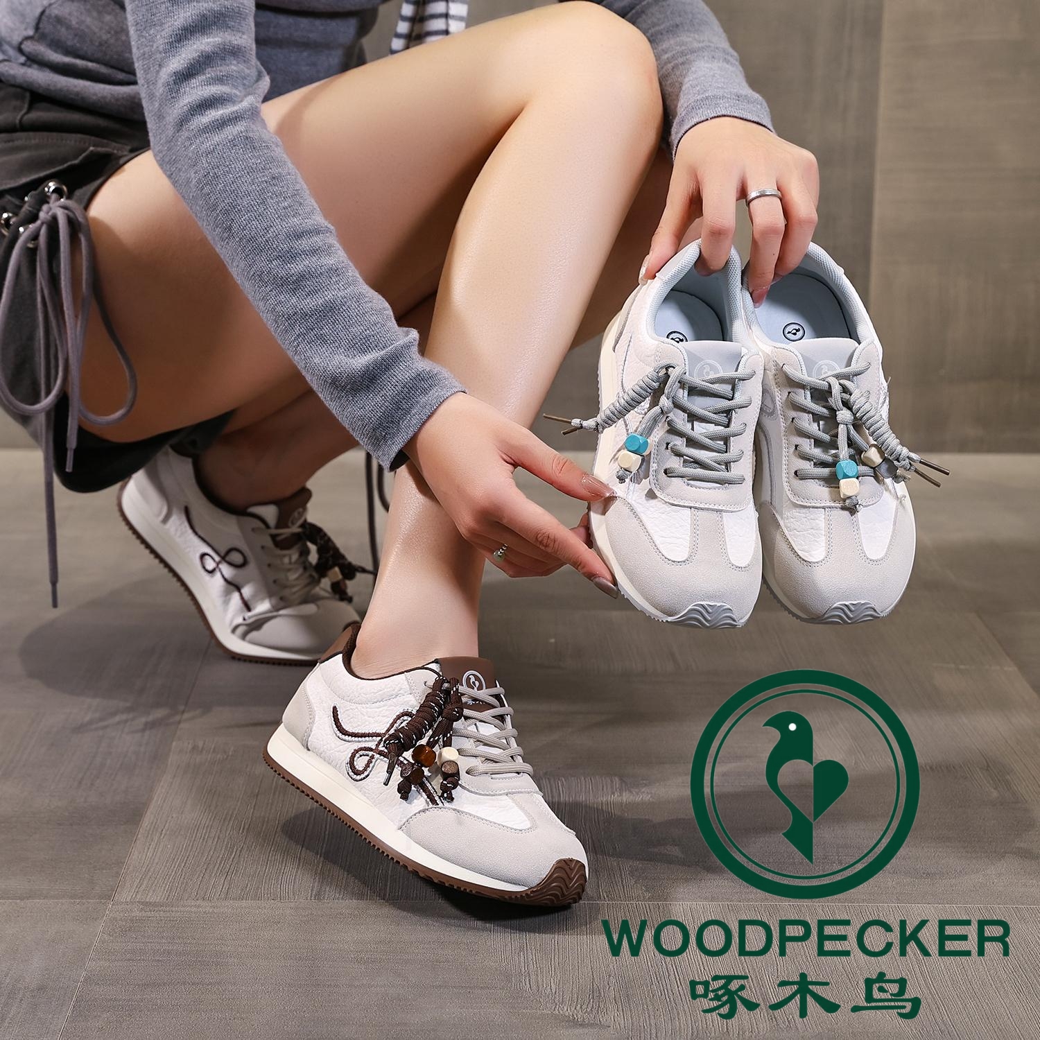 啄木鸟2025新款真皮德训鞋秋季时尚平底舒适运动鞋软底百搭休闲鞋