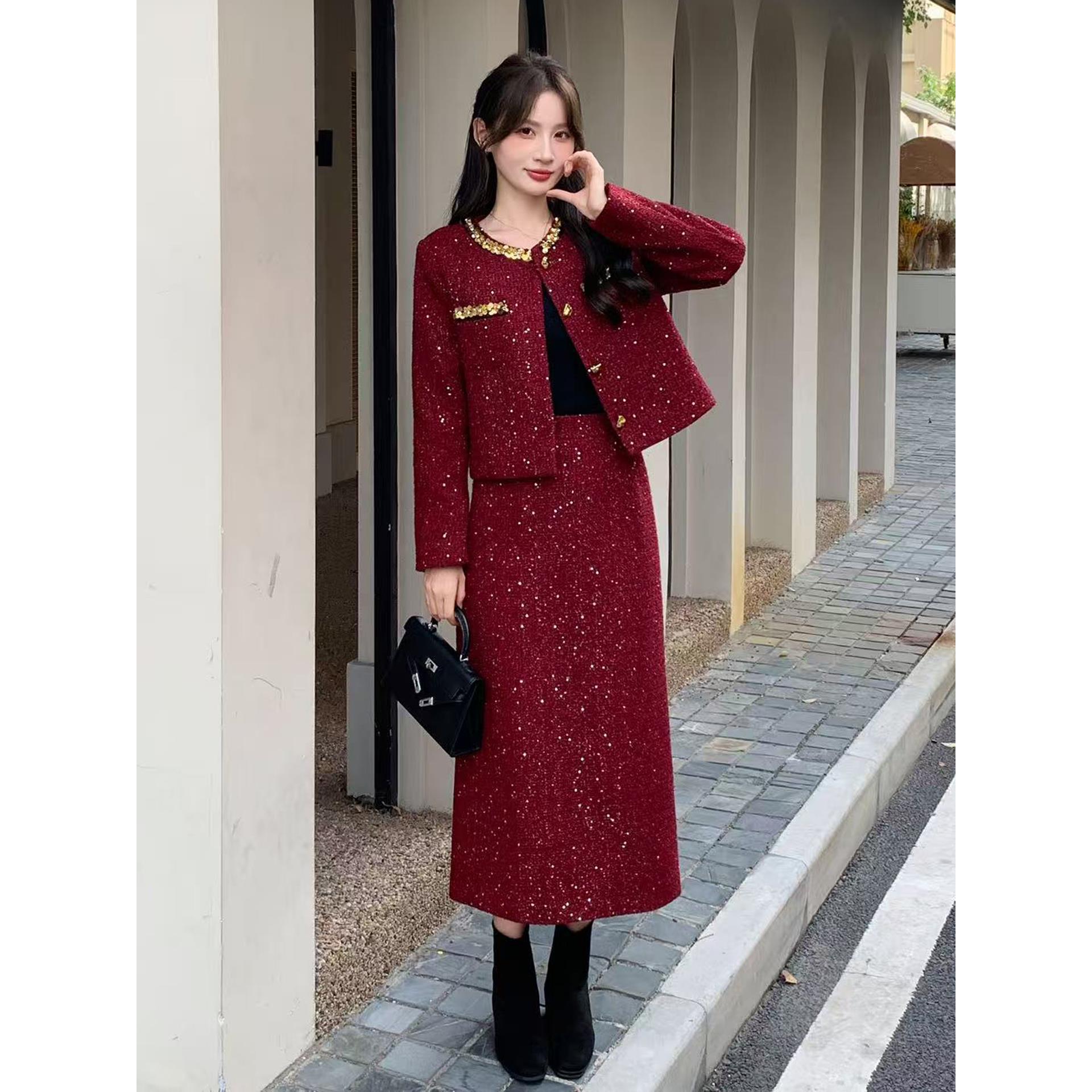 上说时尚高端时尚小香风套装裙女2025春秋新款新娘红色外套半身裙