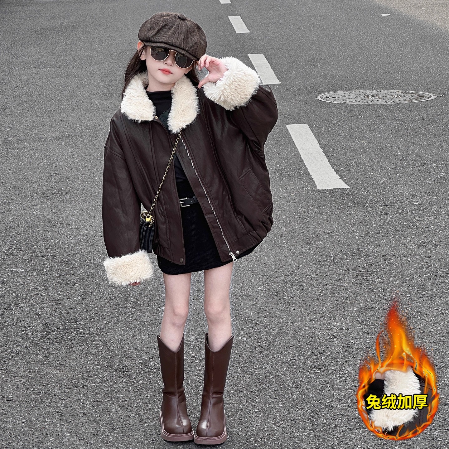 女童加绒外套2025新款儿童秋冬韩版洋气时髦上衣大童冬季加厚皮衣
