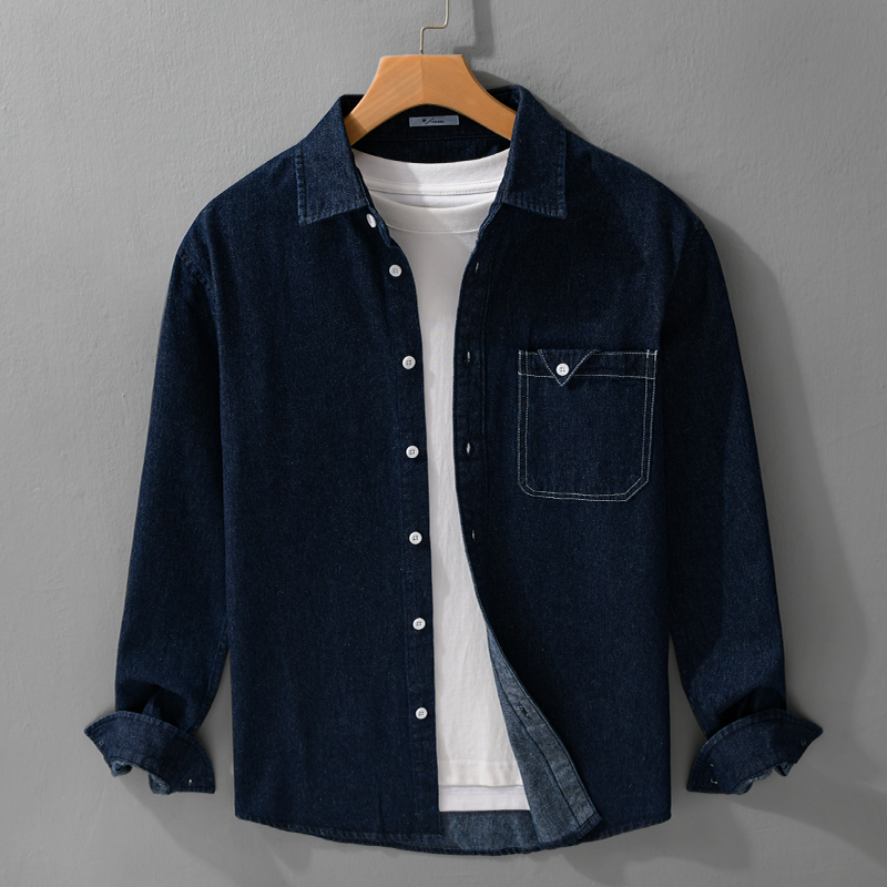 春秋季简约牛仔百搭男装长袖衬衫休闲宽松男士复古青年棉质衬衣