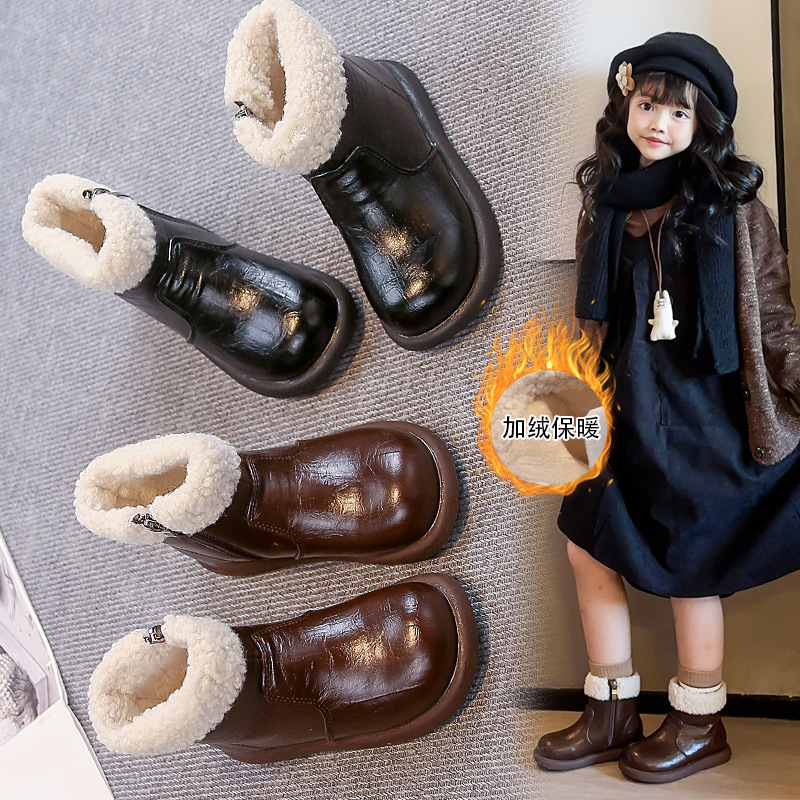 秋冬新款中筒加绒6岁女童马丁靴学生短靴保暖软底棉鞋儿童雪地靴9