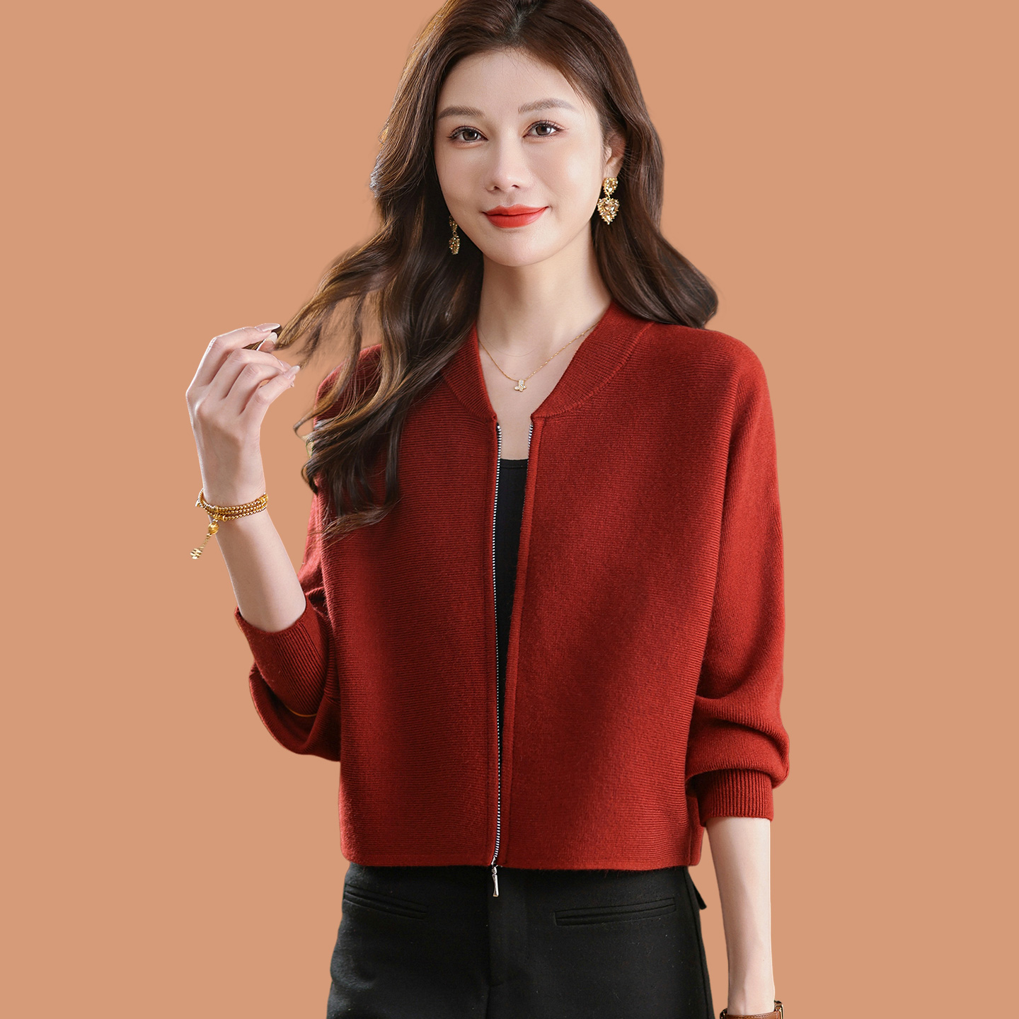 高腰毛衣外套女士春秋装2025新款拉链外搭披肩配裙子羊毛针织开衫