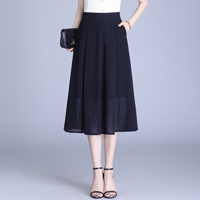 小个子雪纺半身裙2025夏季新款高腰百搭a字裙中长蓝色半裙大摆裙