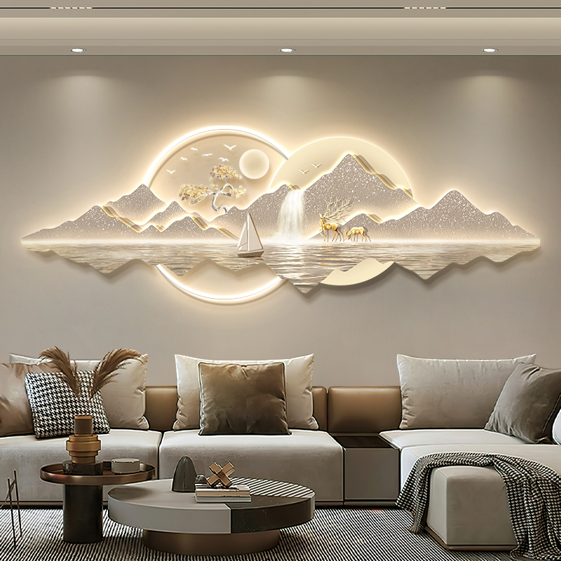 现代轻奢山水画客厅挂画背有靠山沙发背景墙装饰画高级感墙壁灯画