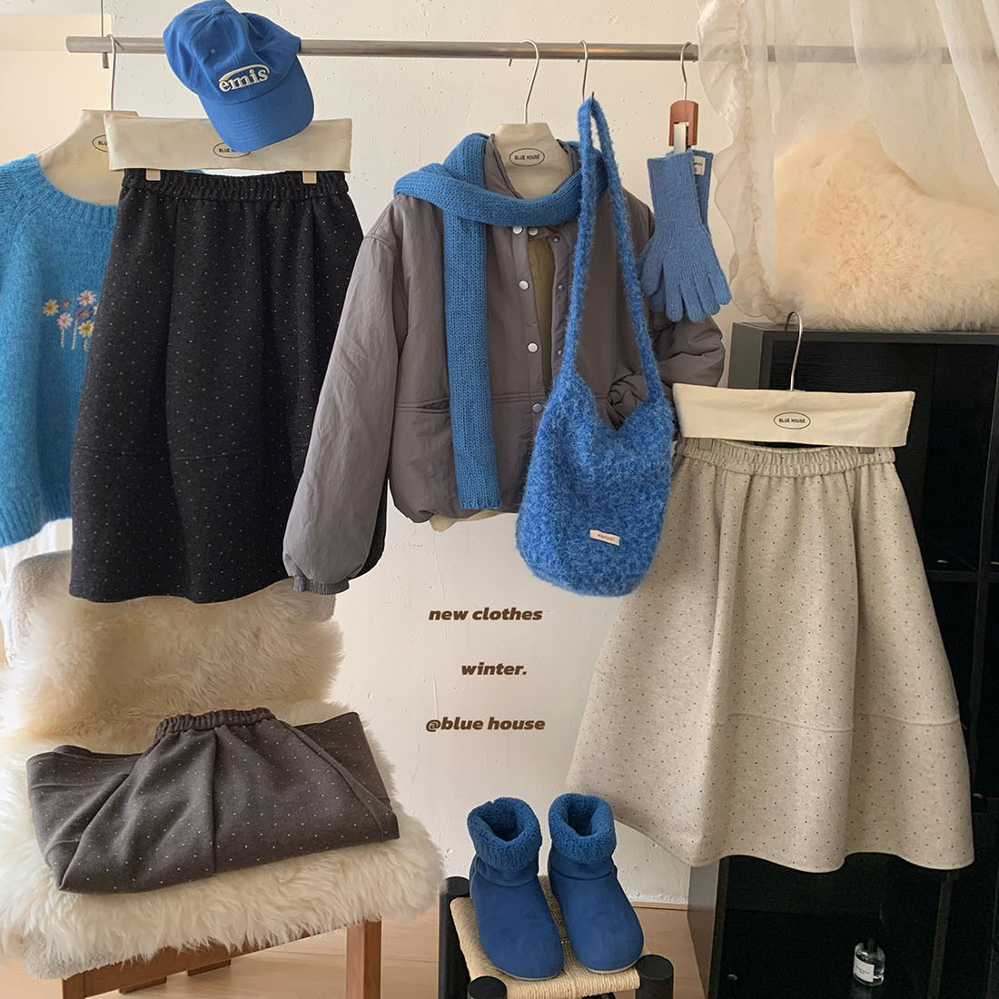 简约拼接毛呢波点口袋款七分花苞裙女冬茧型加厚松紧腰半身裙