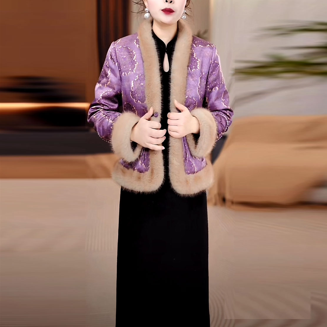 新中式提花缎加厚两件套连衣裙2025秋冬新款修身显瘦国风套装裙子